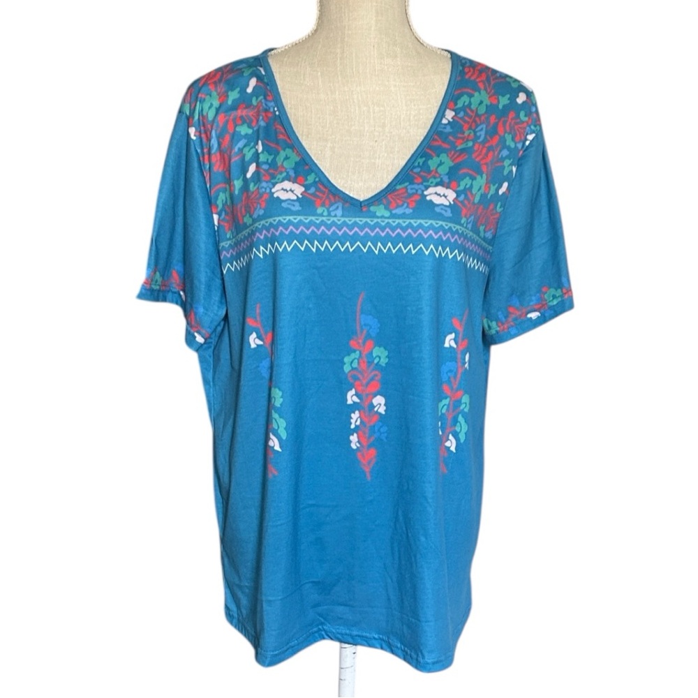 Blue Floral Print Top V-neck Short Sleeves XXL Unbranded